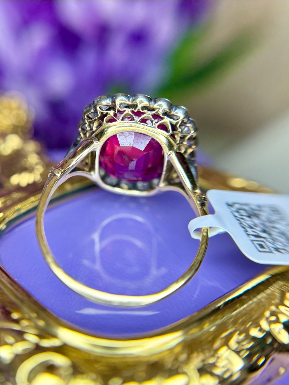 Antique Edwardian 18k Yellow Gold Silver Topped Ruby Diamond Ring - Picture 9 of 11